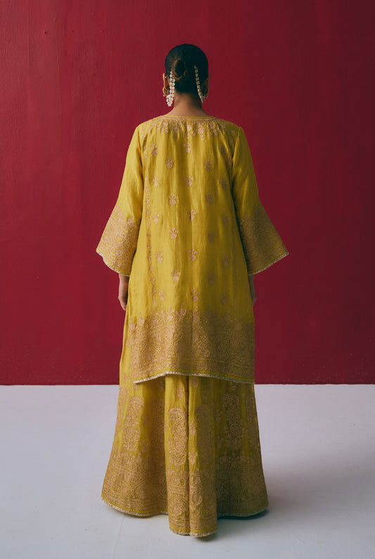 Yellow Tissue Chanderi Kurta Set with Aari & Pitta Embroidery
