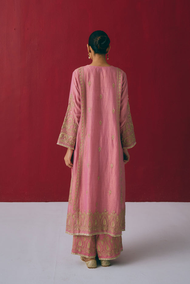 Dusty Rose Tissue Maheshwari Kurta Set with Dabka Embroidery