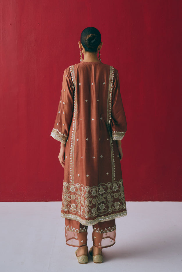 Cinnamon Chanderi Silk Kurta Set with Dori & Gota Embroidery