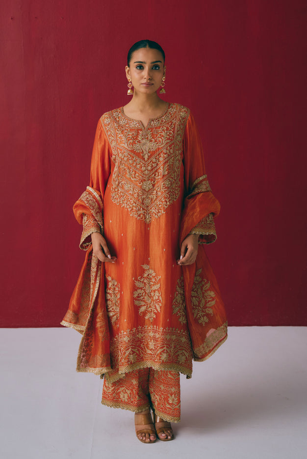Burnt Orange Tissue Chanderi Kurta Set with Dori & Dabka Embroidery
