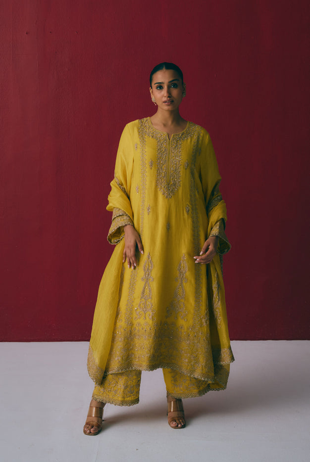 Turmeric Yellow Tissue Chanderi Kurta Set with Dori & Dabka Embroidery