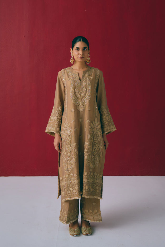 Hazelnut Tissue Chanderi Kurta Set with Dori & Dabka Embroidery