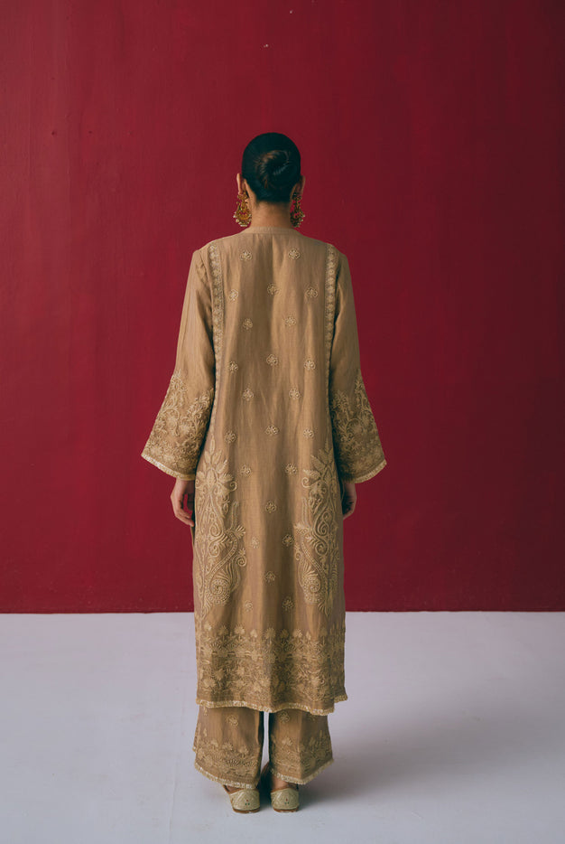 Hazelnut Tissue Chanderi Kurta Set with Dori & Dabka Embroidery