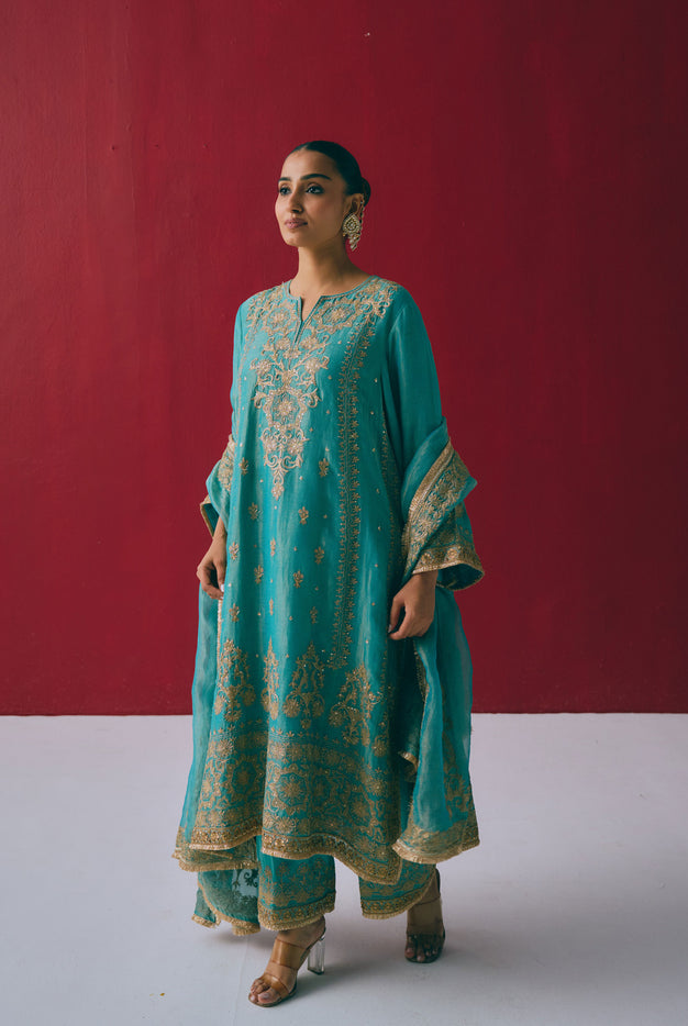 Lagoon Tissue Maheshwari Kurta Set with Dabka & Sitara Embroidery