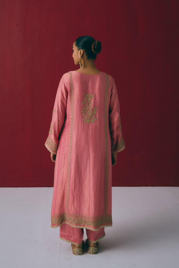 Coral Tissue Maheshwari Kurta Set with Dori & Dabka Embroidery