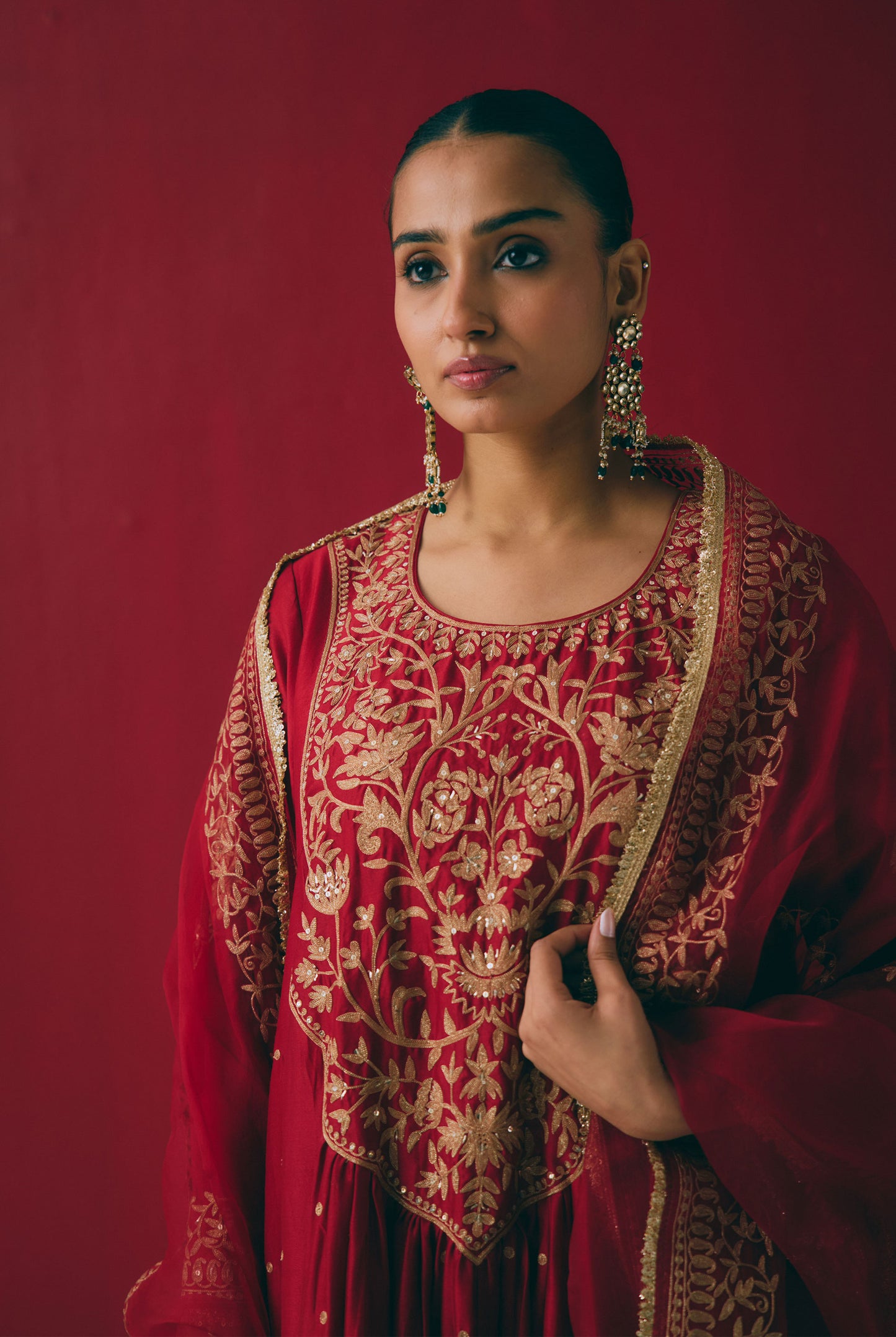 Crimson Chanderi Silk Anarkali with Zari & Aari Embroidery