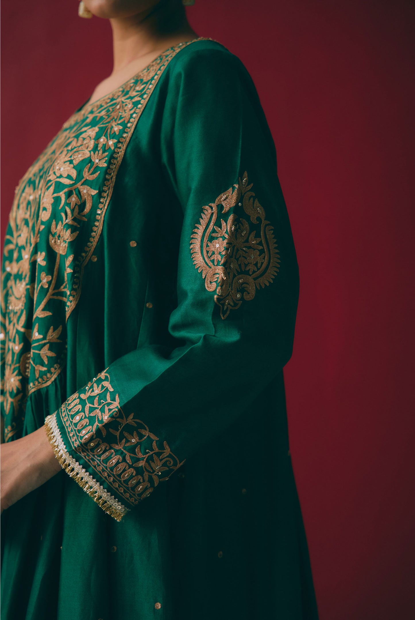 Emerald Chanderi Silk Anarkali with Zari & Aari Embroidery