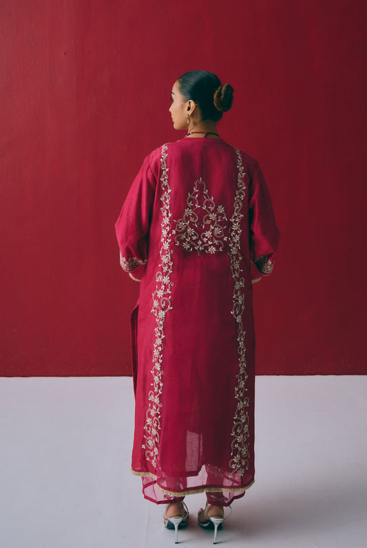 Berry Chanderi Kurta Set with Gota & Dori Embroidery