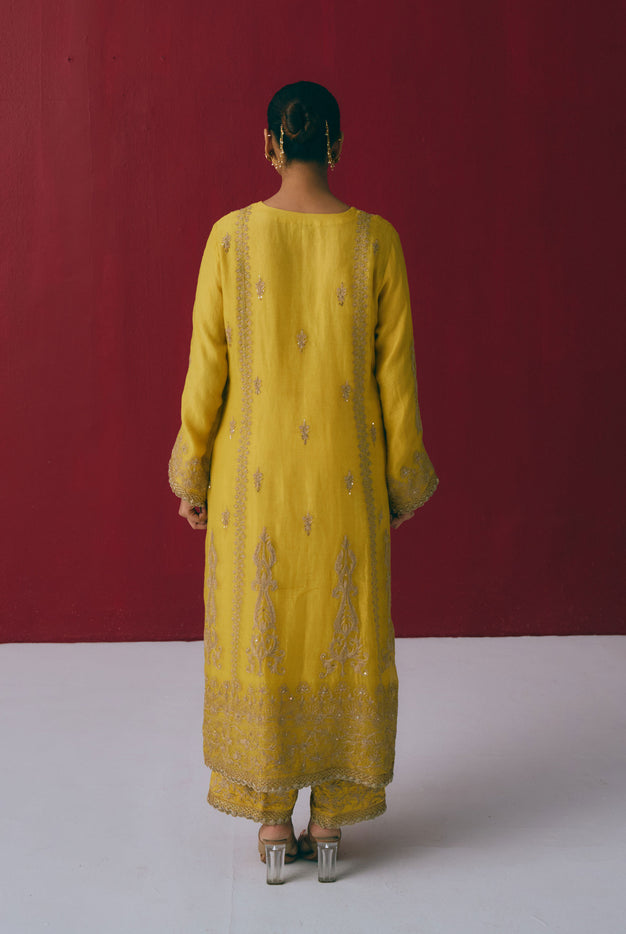 Turmeric Yellow Tissue Chanderi Kurta Set with Dori & Dabka Embroidery