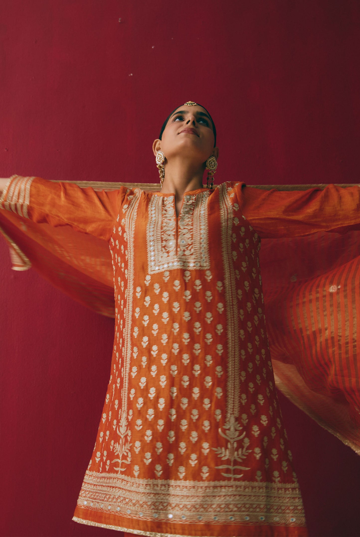 Rust Orange Tissue Chanderi Kurta Set with Ari & Pita Embroidery