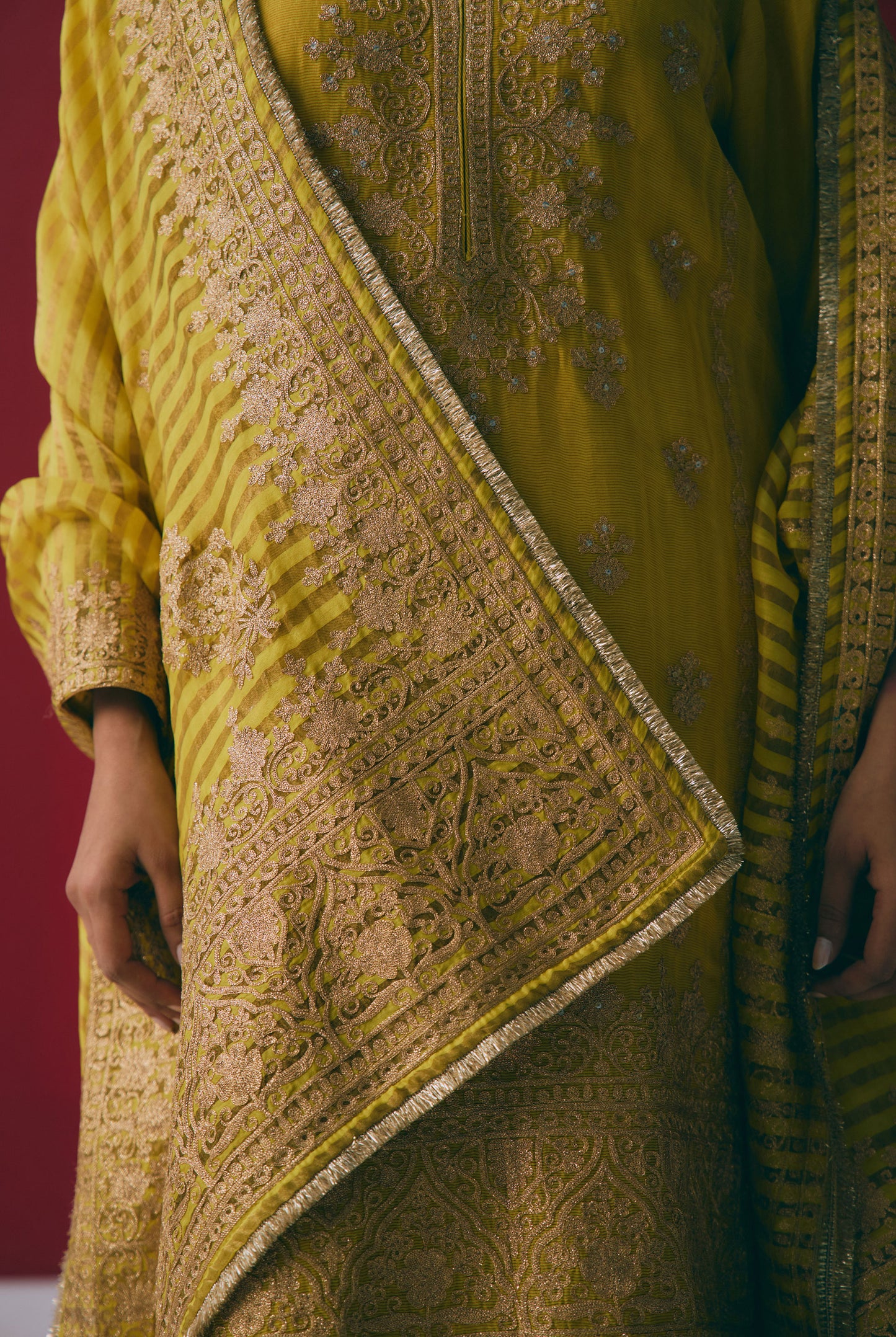 Yellow Tissue Chanderi Kurta Set with Aari & Pitta Embroidery