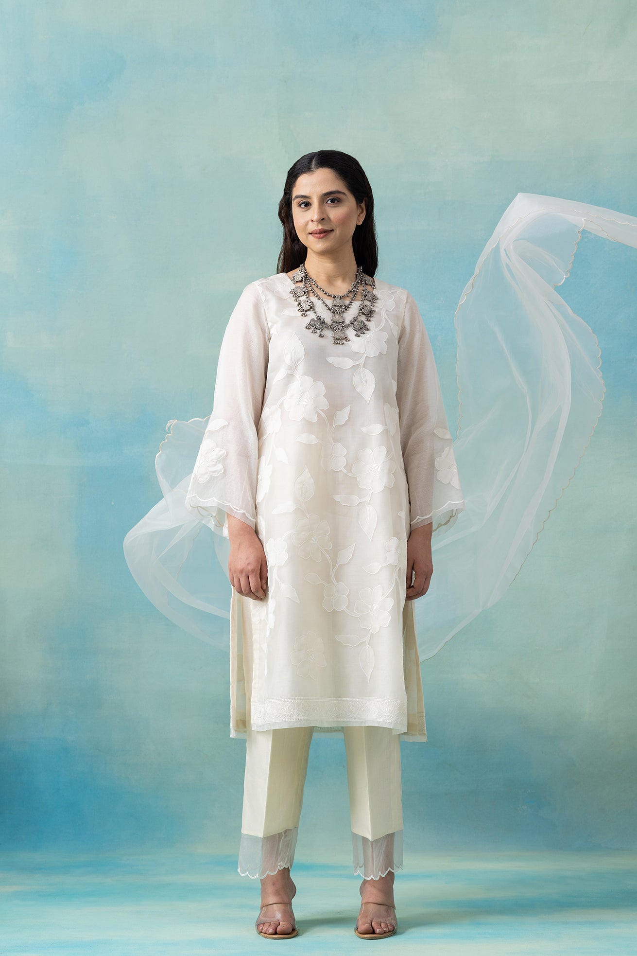 White Silk Organza Floral Kurta Set