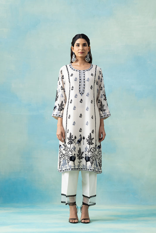 White Maheshwari Kurta Set with Midnight Blue Botanical Embroidery
