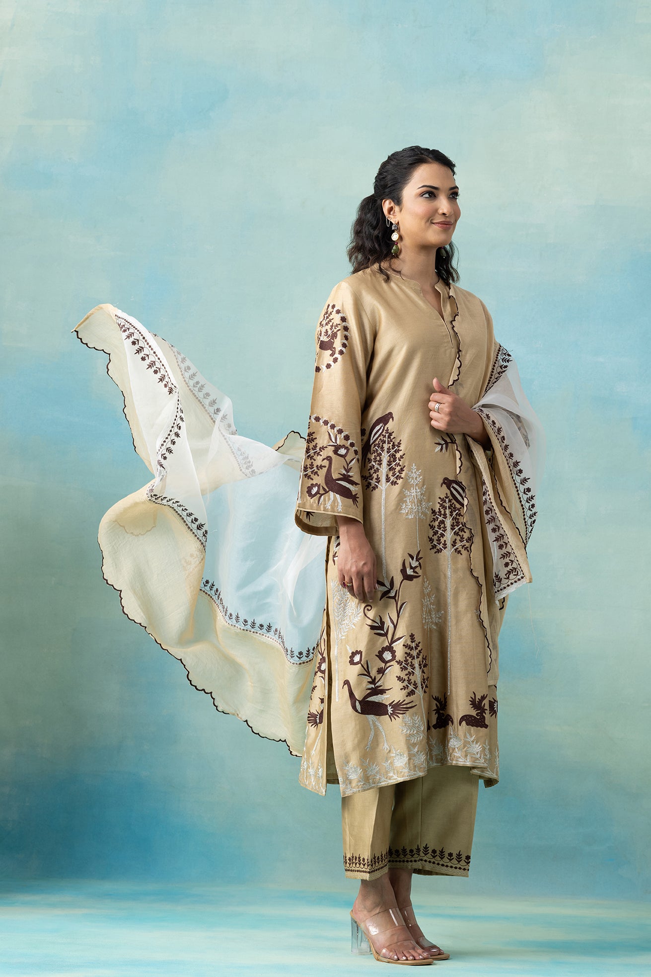 Hazelnut Maheshwari Kurta Set with Bird & Botanical Embroidery