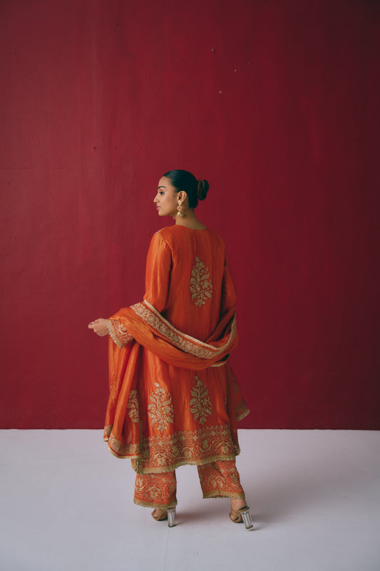 Burnt Orange Tissue Chanderi Kurta Set with Dori & Dabka Embroidery