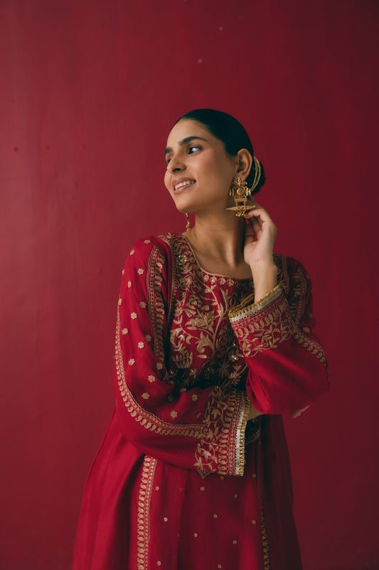 Crimson Chanderi Kurta Set with Zari & Aari Embroidery