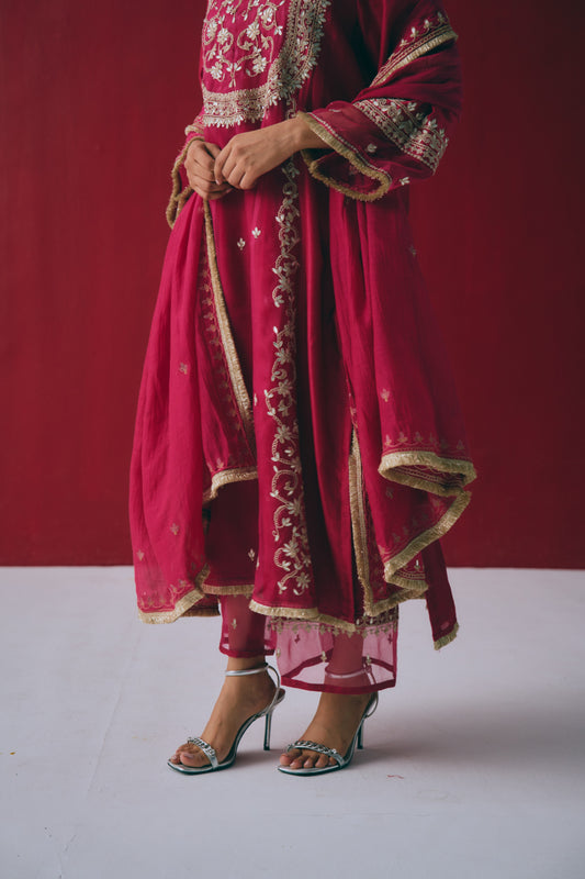 Berry Chanderi Kurta Set with Gota & Dori Embroidery