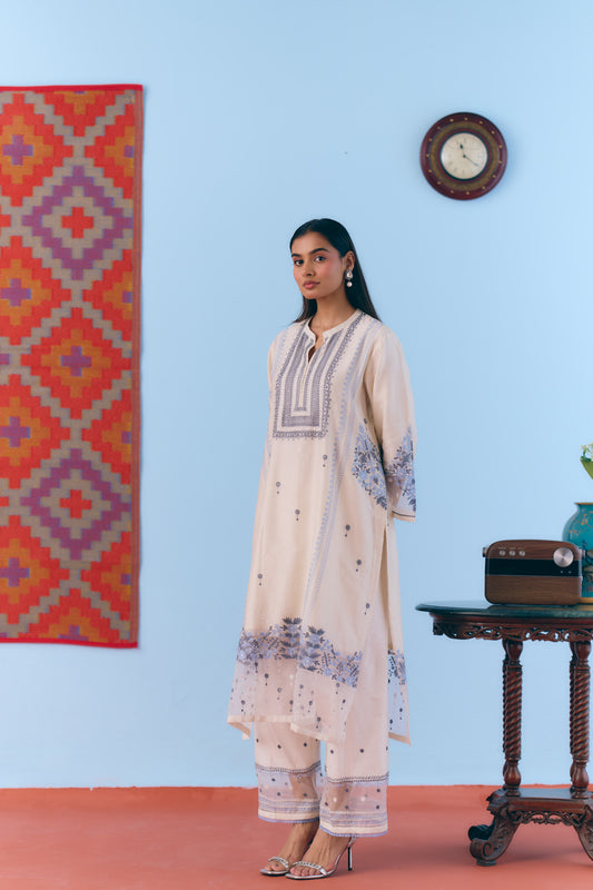 White Silk Chanderi Kurta Set with Blue Thread Embroidery