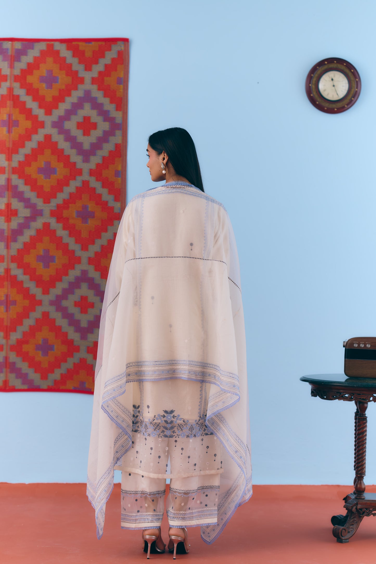 White Silk Chanderi Kurta Set with Blue Thread Embroidery