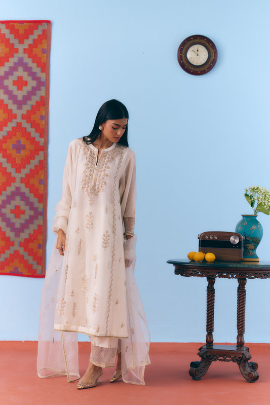 White Silk Chanderi Kurta Set with Gota, Dori & Zari Embroidery