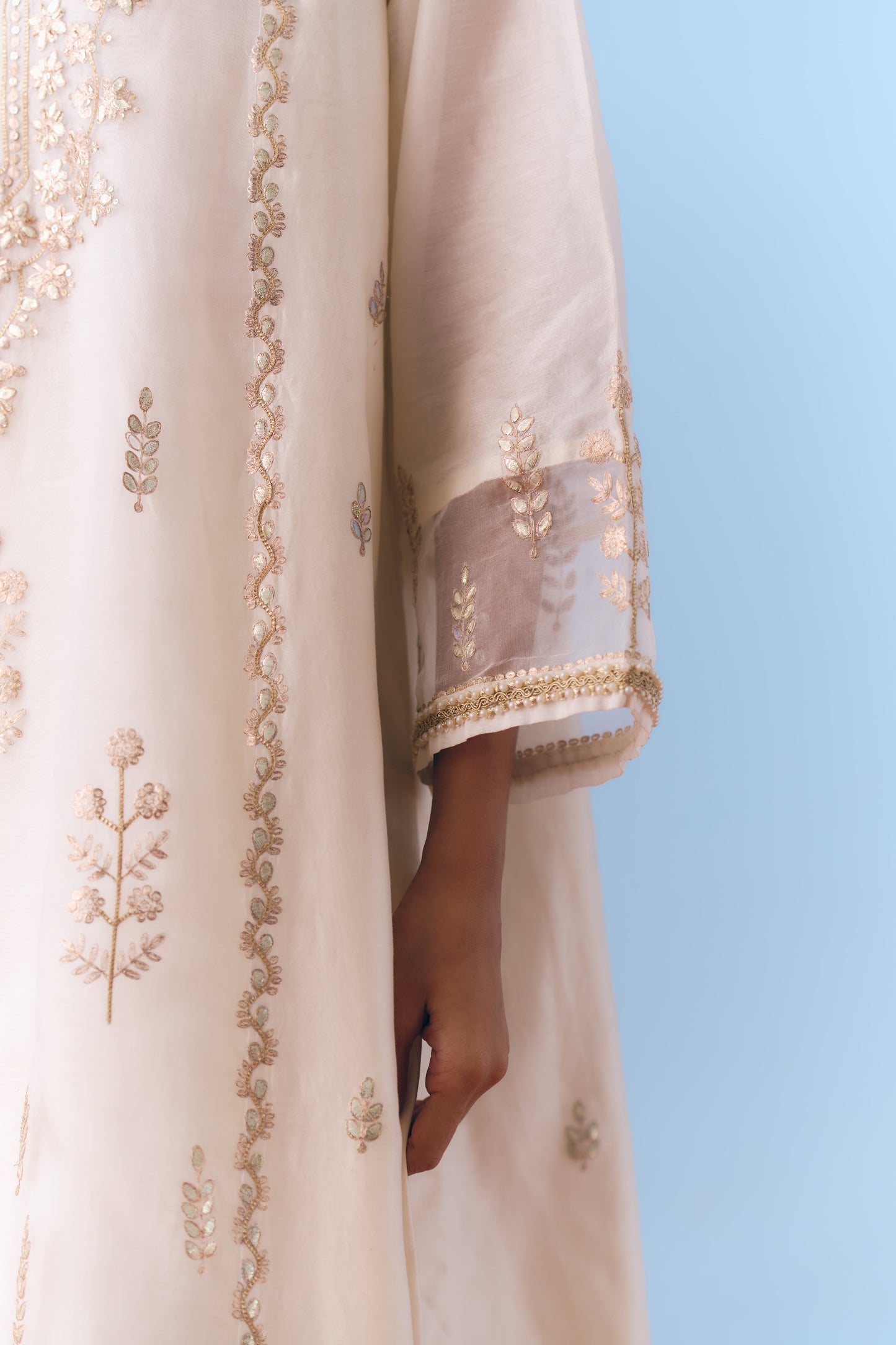 White Silk Chanderi Kurta Set with Gota, Dori & Zari Embroidery