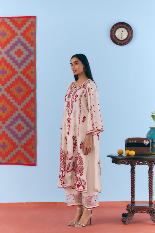 White Silk Chanderi Kurta Set with Deep Red & Silver Zari Embroidery
