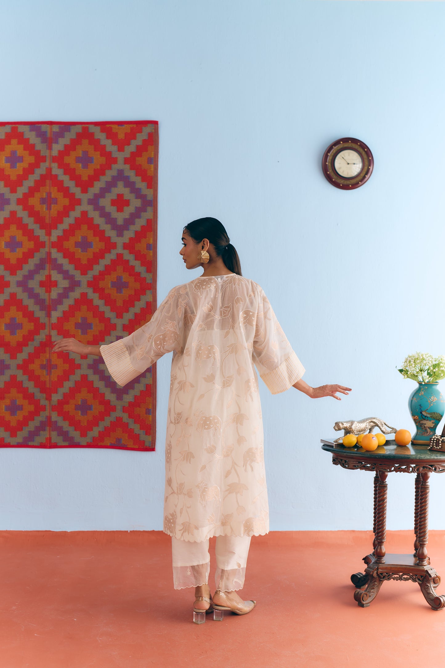 White Chanderi Antifit Co-ord with Dull Gold Tissue Appliqué