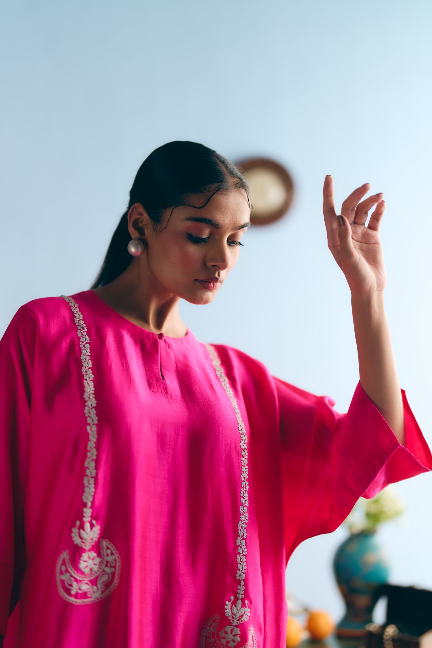 Hot Pink Chinya Silk Antifit Co-ord with Silver Zari Embroidery