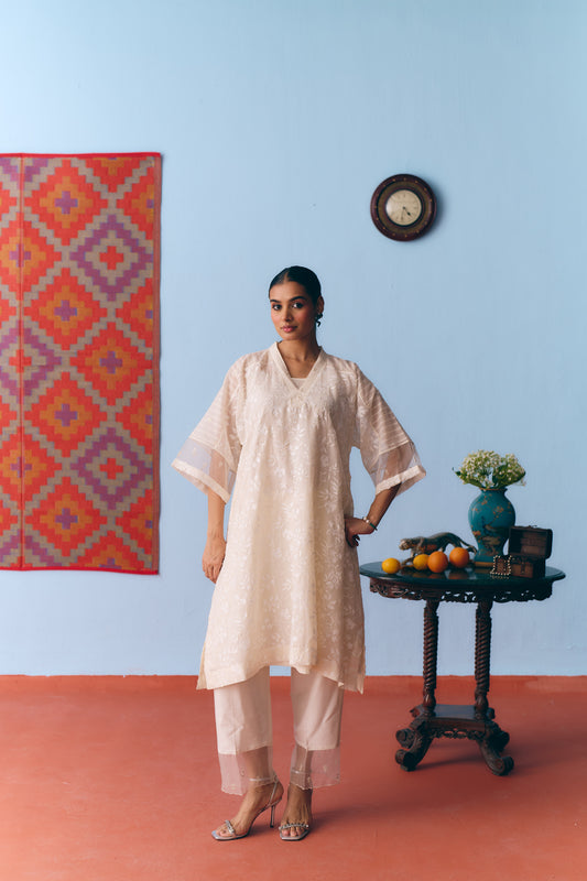 White Chanderi Antifit Co-ord with Laser Appliqué & Thread Embroidery