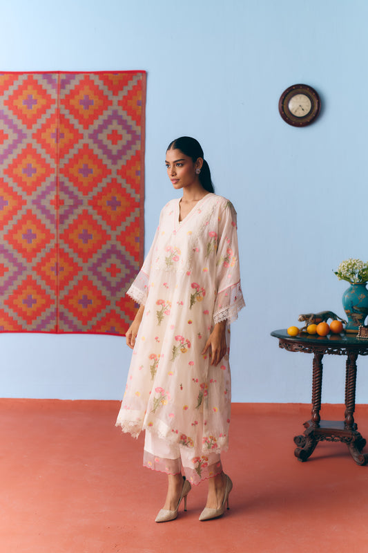 White Chanderi Antifit Co-ord with Thread, Lace & Bead Embroidery