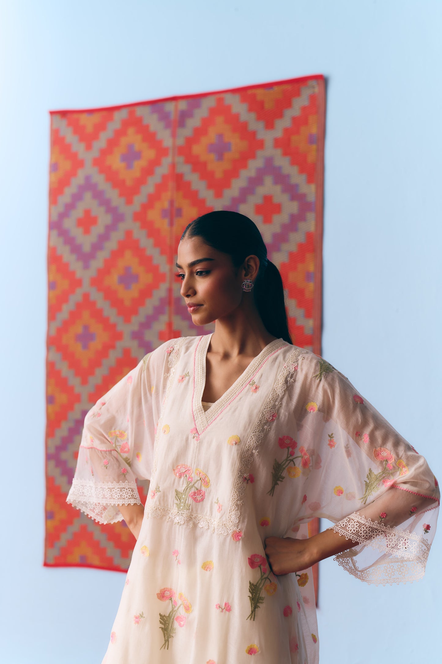 White Chanderi Antifit Co-ord with Thread, Lace & Bead Embroidery