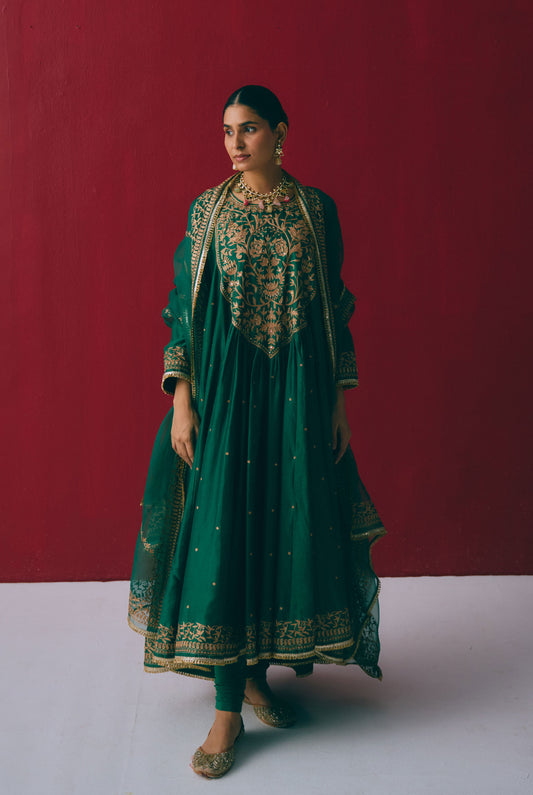 Emerald Chanderi Silk Anarkali with Zari & Aari Embroidery