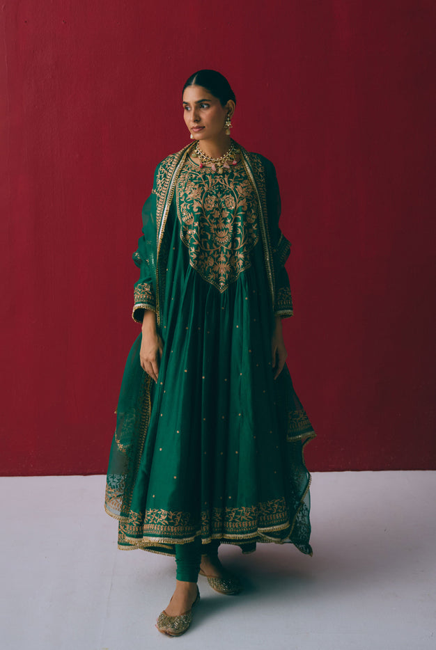 Emerald Chanderi Silk Anarkali with Zari & Aari Embroidery