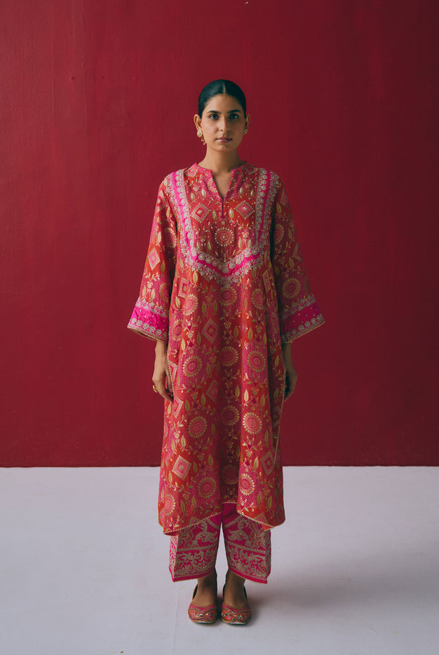 Red & Pink Banarasi Georgette Kurta Set with Dabka & Gota Embroidery
