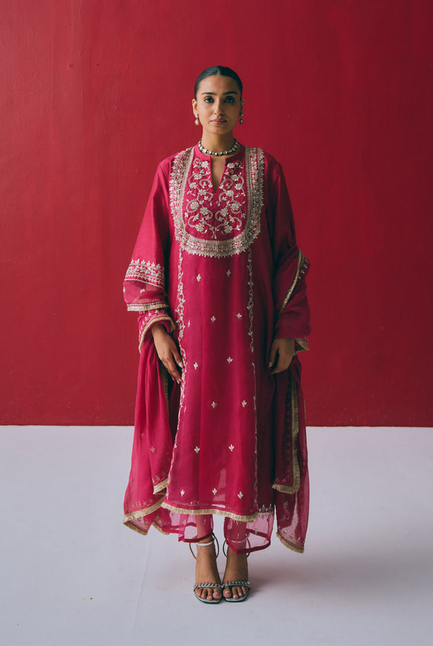 Berry Chanderi Kurta Set with Gota & Dori Embroidery