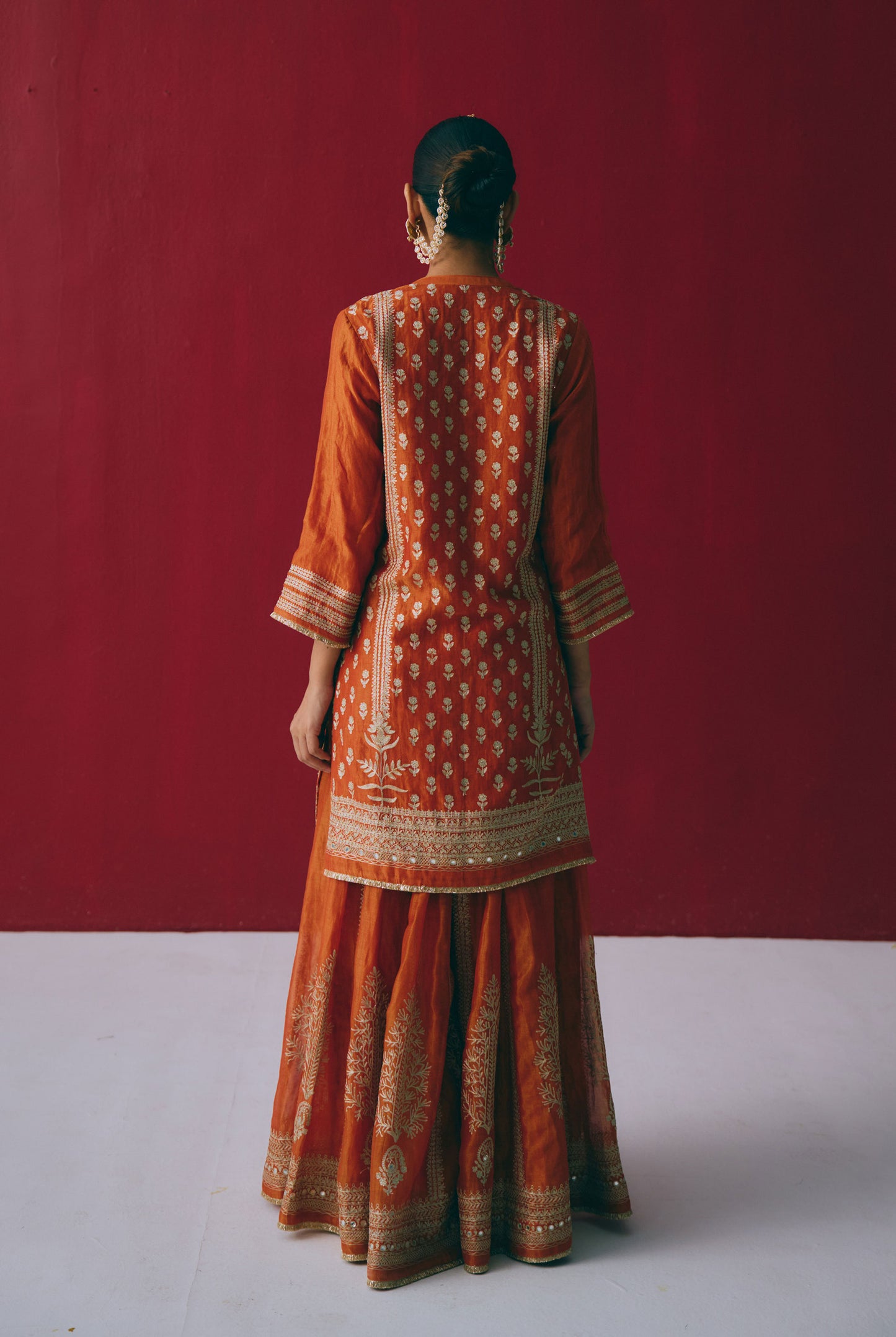 Rust Orange Tissue Chanderi Kurta Set with Ari & Pita Embroidery