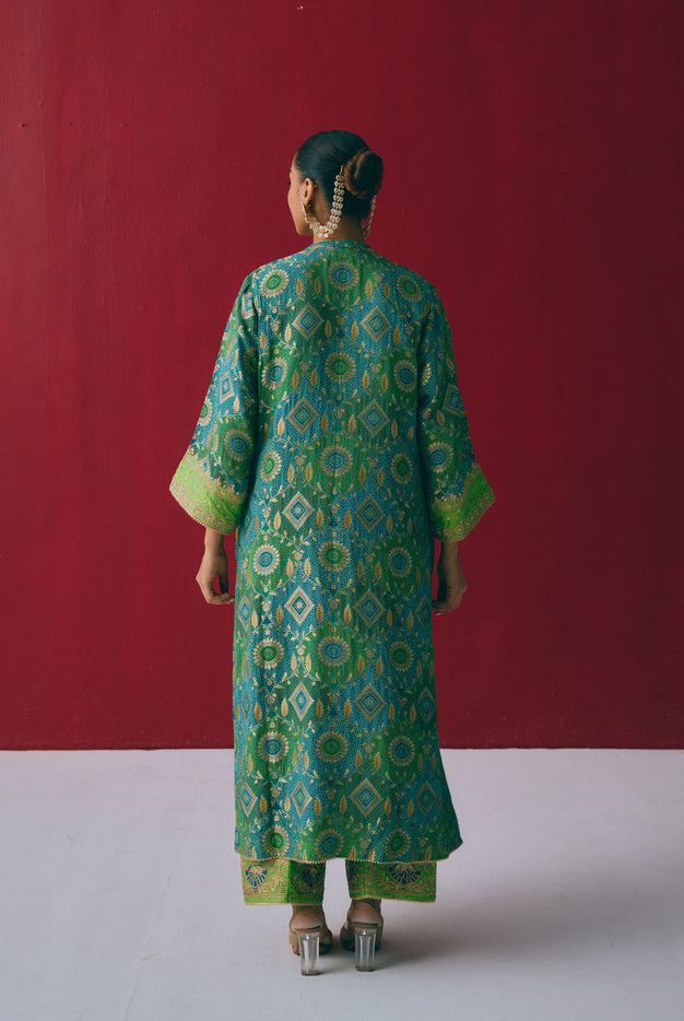 Teal & Green Banarasi Georgette Kurta Set with Dabka & Gota Embroidery