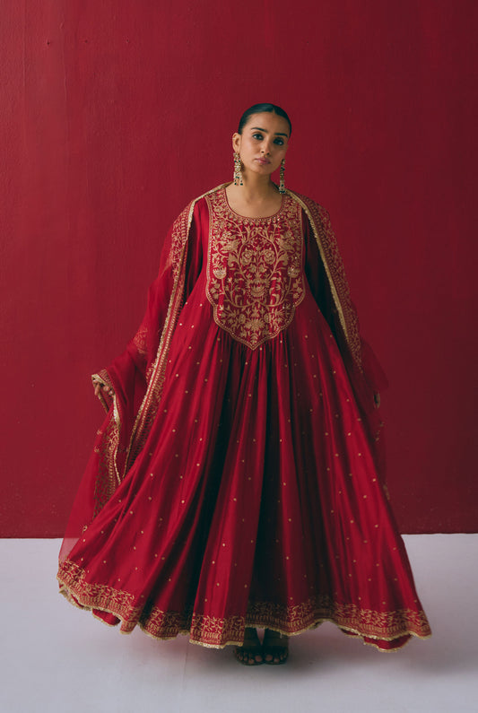 Crimson Chanderi Silk Anarkali with Zari & Aari Embroidery