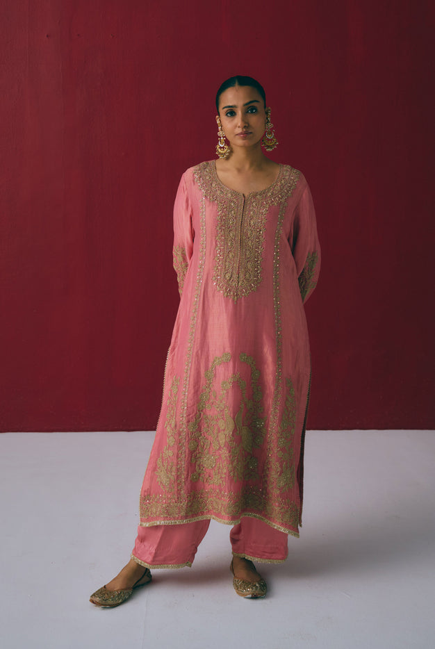 Coral Tissue Maheshwari Kurta Set with Dori & Dabka Embroidery