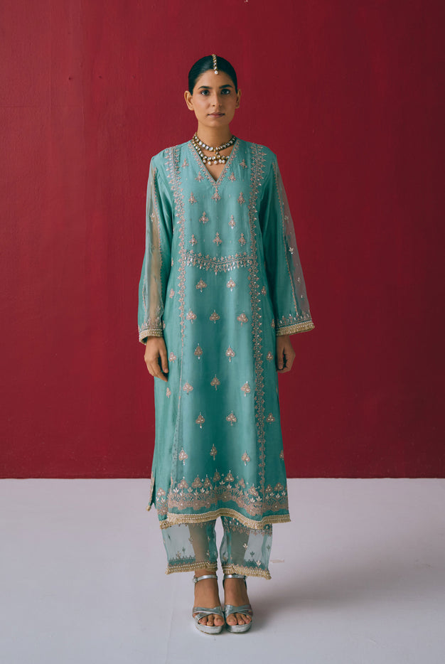 Teal Chanderi Kurta Set with Gota & Dori Embroidery