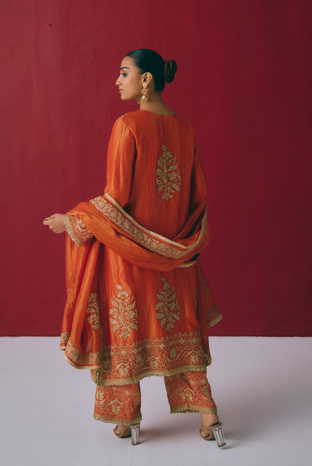 Burnt Orange Tissue Chanderi Kurta Set with Dori & Dabka Embroidery