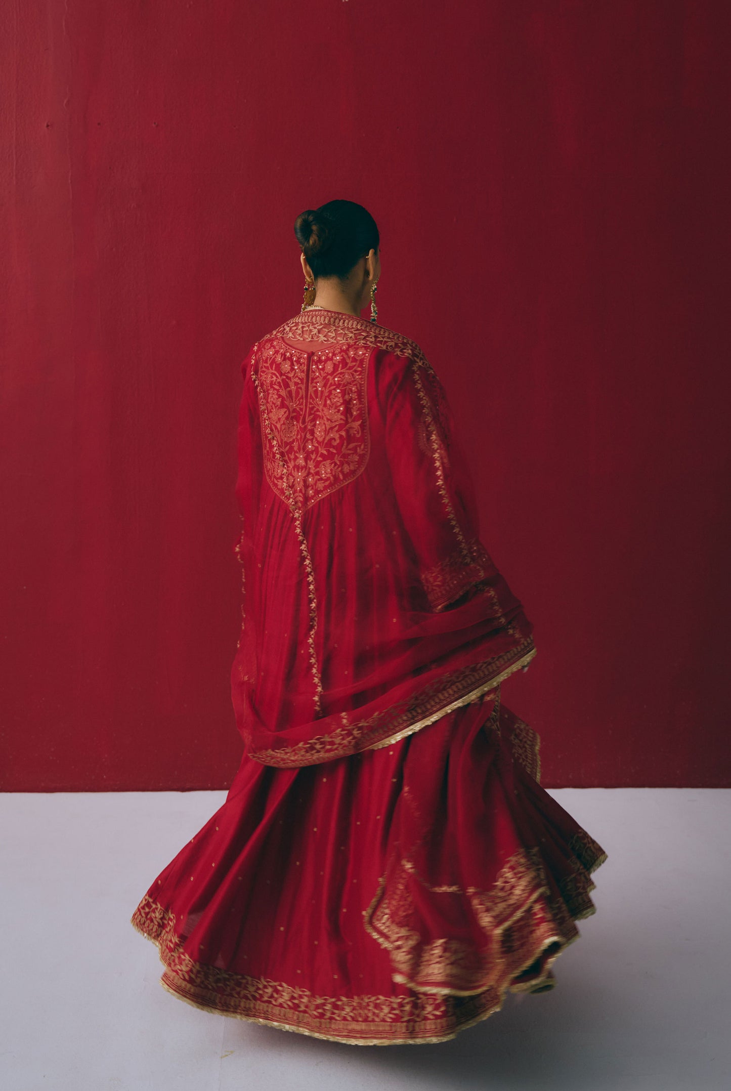 Crimson Chanderi Silk Anarkali with Zari & Aari Embroidery