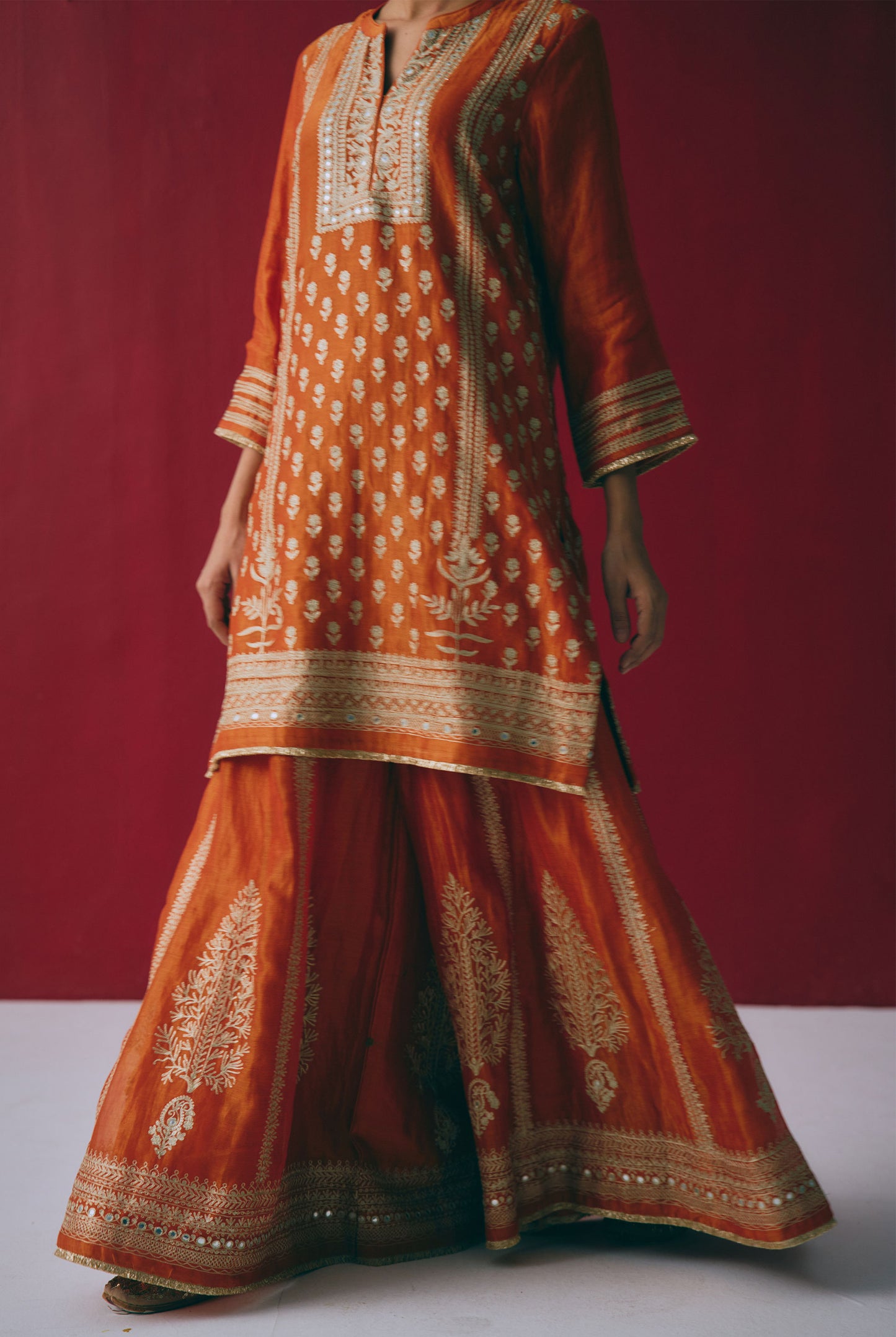 Rust Orange Tissue Chanderi Kurta Set with Ari & Pita Embroidery
