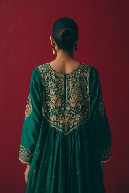 Emerald Chanderi Silk Anarkali with Zari & Aari Embroidery
