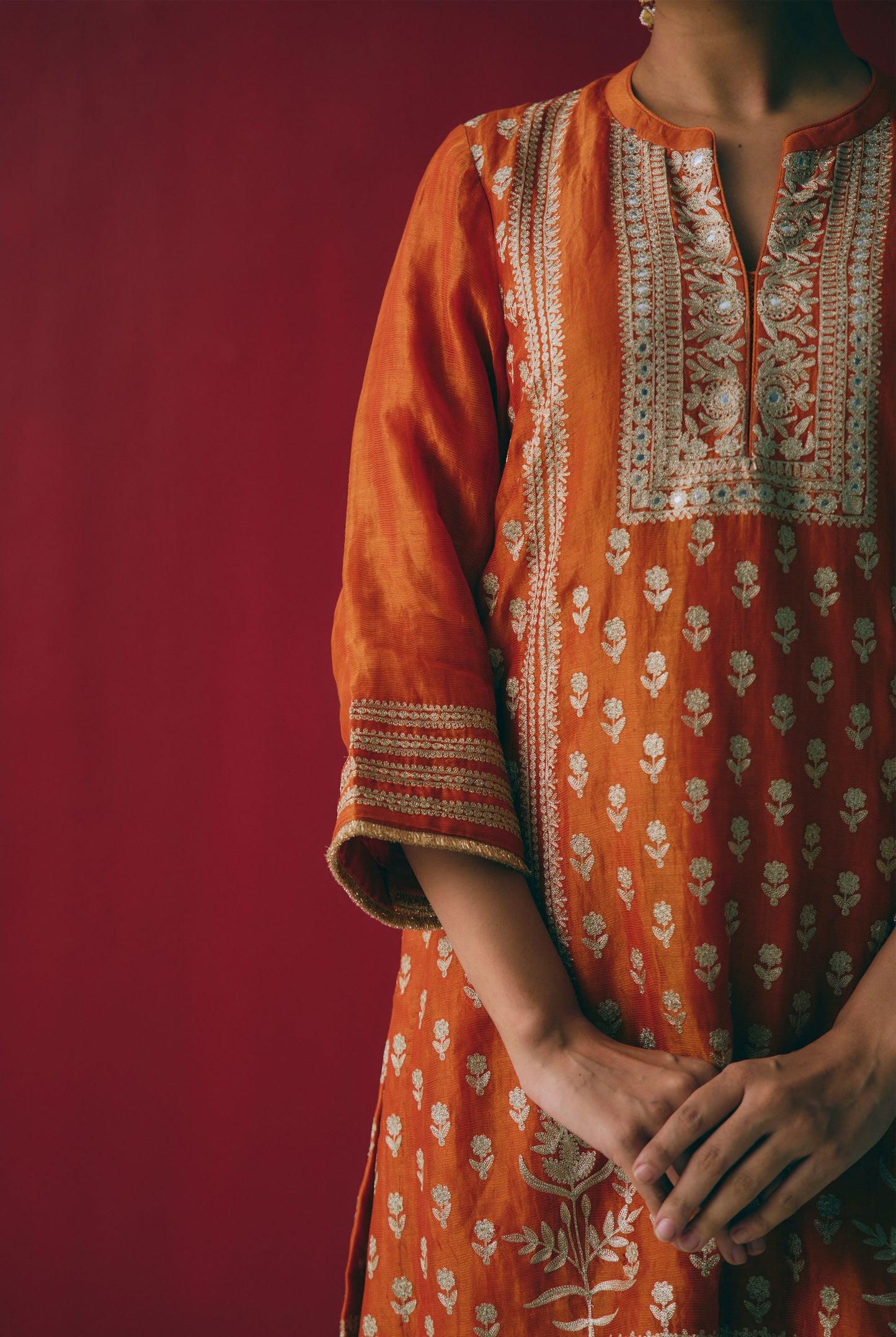 Rust Orange Tissue Chanderi Kurta Set with Ari & Pita Embroidery