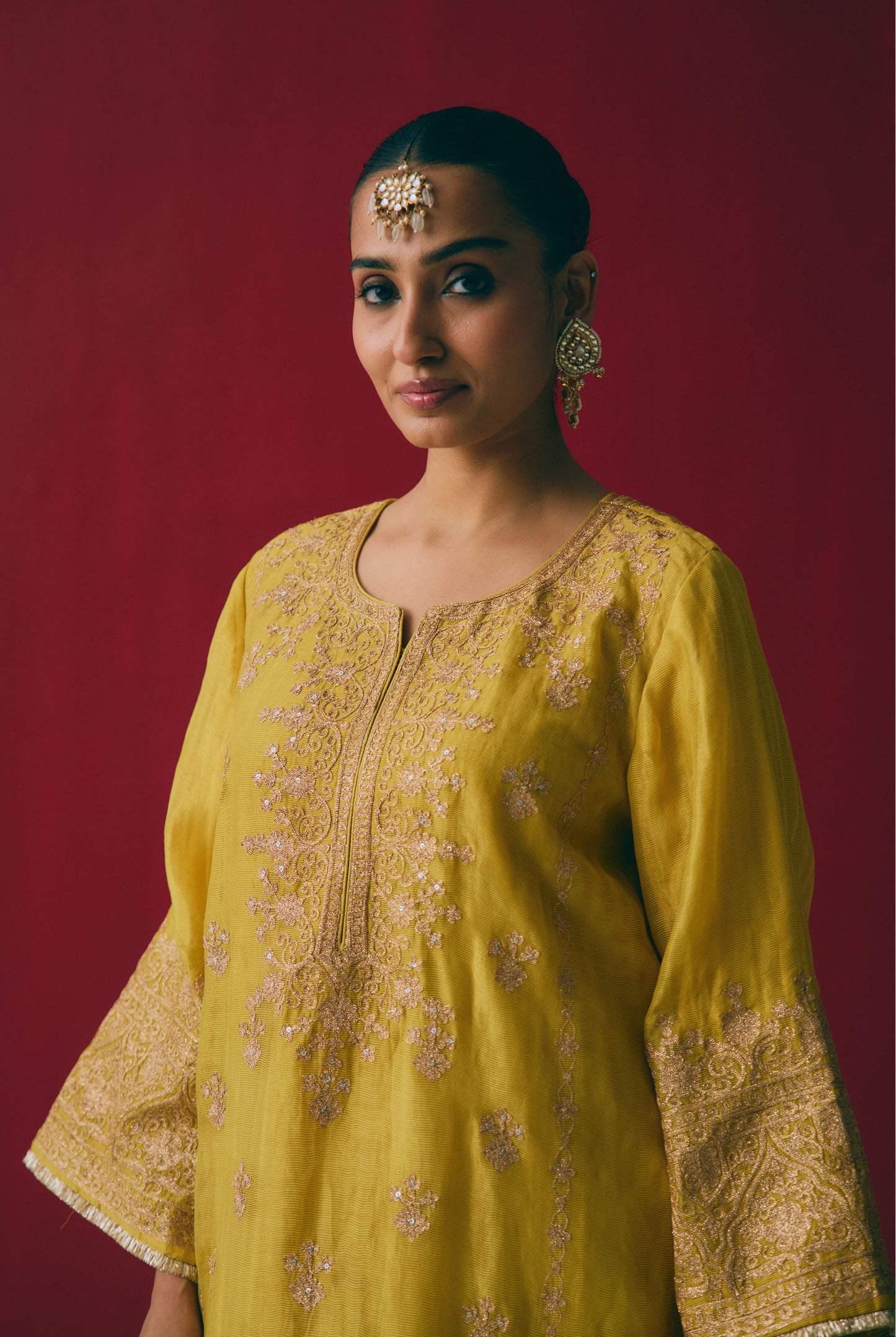 Yellow Tissue Chanderi Kurta Set with Aari & Pitta Embroidery