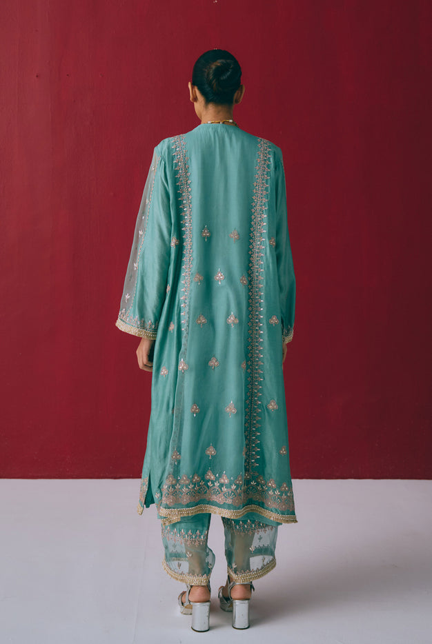Teal Chanderi Kurta Set with Gota & Dori Embroidery