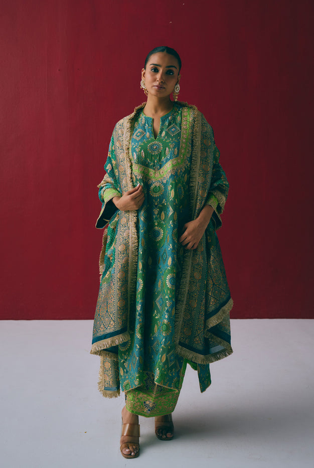 Teal & Green Banarasi Georgette Kurta Set with Dabka & Gota Embroidery