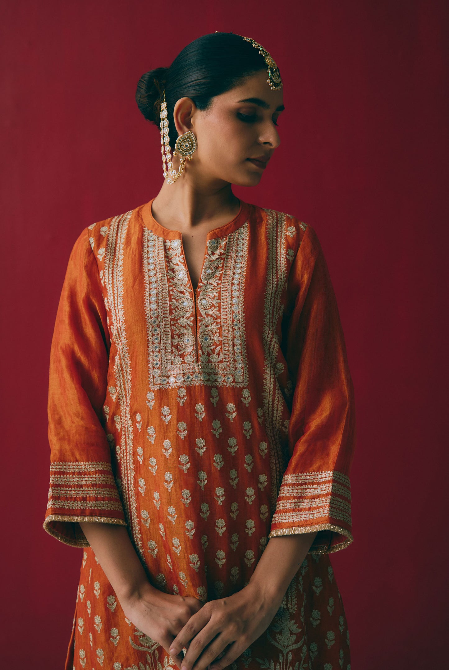 Rust Orange Tissue Chanderi Kurta Set with Ari & Pita Embroidery