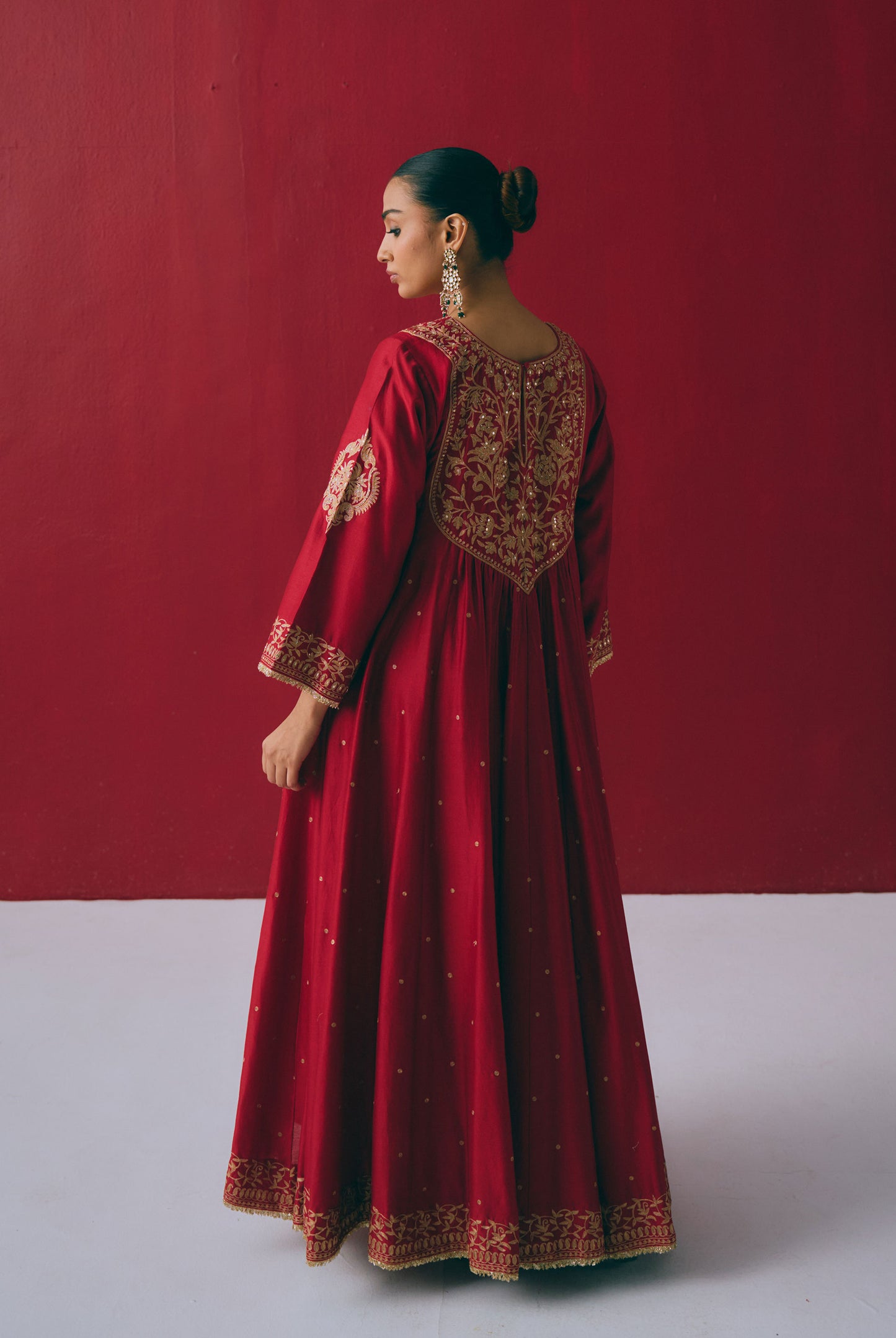 Crimson Chanderi Silk Anarkali with Zari & Aari Embroidery